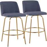 Toriano 26" Swivel Counter Stool in Blue Fabric & Gold with Round Footrest (Set of 2)